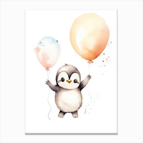 Baby Penguin Flying With Ballons, Watercolour Nursery Art 2 Canvas Print