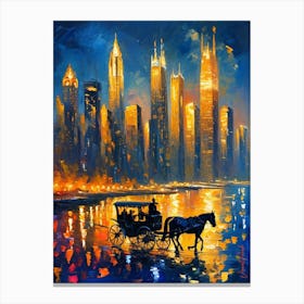 A Horse Drawn Carriage In The Colorful Lights Of The City Canvas Print