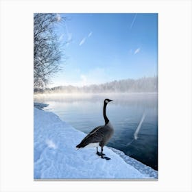 Canadian Goose Tranquil Stance Beside A Frozen Lakes Edge Winter Landscape Background Snow Clad Canvas Print