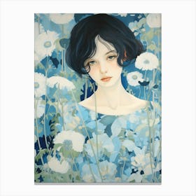 Girl In Blue Flowers Canvas Print