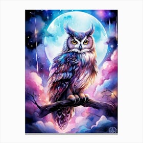 Watercolor Illustration Of A Majestic Owl Perched On A Gnarled Branch Surrounded By A Halo Of Glowi Canvas Print