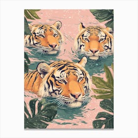 Three Tigers Swimming In The Water Canvas Print