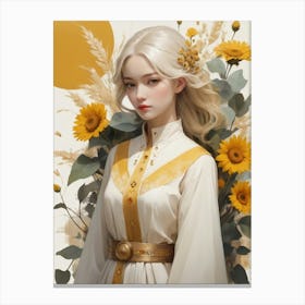 Portrait Of A Girl With Sunflowers Canvas Print