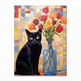 Black Cat With Roses 1 Canvas Print