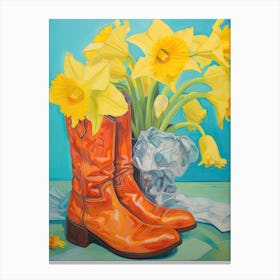 Painting Of Daffodil Flowers And Cowboy Boots, Oil Style 3 Canvas Print