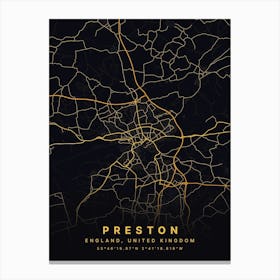 Preston England Black And Gold Map Canvas Print