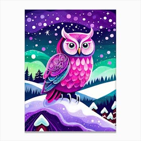 Pink Owl Snowy Landscape Painting (4) Canvas Print