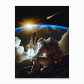 Astronaut Sitting On The Rock Earth View Canvas Print