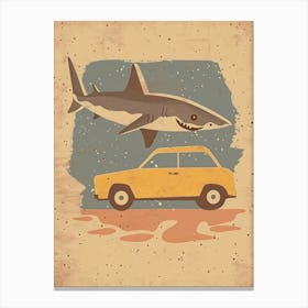 Shark Swimming By A Car Storybook Style Canvas Print