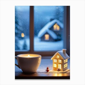 Macro Photography Of A Cup Cradling A Miniature House Windows Aglow With Warm Light Snow Covered T Canvas Print