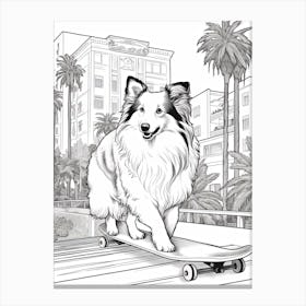Shetland Sheepdog (Sheltie) Dog Skateboarding Line Art 1 Canvas Print
