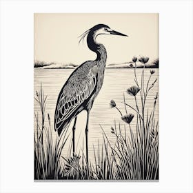 B&W Bird Linocut Great Blue Heron 2 Canvas Print