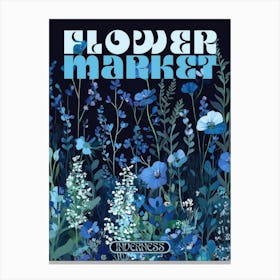 Inverness city print flower market poster in dark blues, retro aesthetic floral illustration with 70s style typography, vintage travel prints perfect for eclectic living rooms, bedrooms, kitchens, entryways Canvas Print