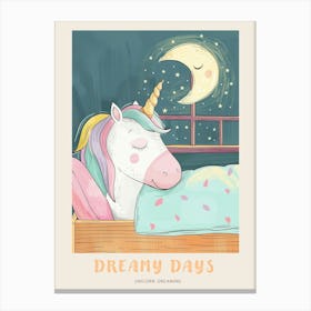 Pastel Storybook Style Unicorn Sleeping In A Duvet With The Moon 2 Poster Canvas Print