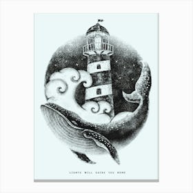 Whale Lighthouse Waves Ocean Sea Canvas Print