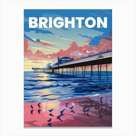 Anime Canvas Art: Coastal Brighton Pier Scene with Calm Ocean Waves, Sunset Sky, and Silhouetted Seagulls, Perfect for Lofi Aesthetic and Coastal Art Lovers. Canvas Print