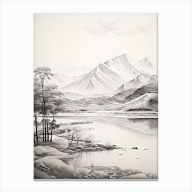 Kamikochi In Nagano In Nagano, Ukiyo E Black And White Line Art Drawing 2 Canvas Print