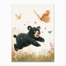 American Black Bear Cub Chasing After A Butterfly Storybook Illustration 4 Canvas Print