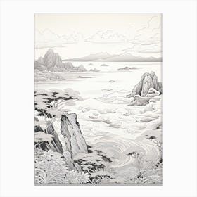 Sado Island In Niigata,, Ukiyo E Black And White Line Art Drawing 3 Canvas Print