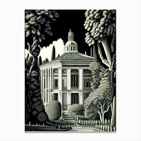 Villa Medici, Italy Linocut Black And White Vintage Canvas Print
