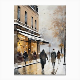 Paris cafes, winter season, Christmas, autumn oil colors, pale colors, pedestrians in the street, winter clothes, falling snow.Christmas decorations.7 1 Canvas Print