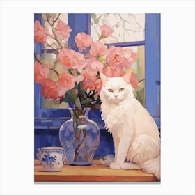 White Cat By Flowers Canvas Print