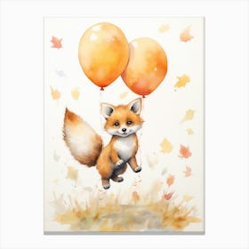 Fox Flying With Autumn Fall Pumpkins And Balloons Watercolour Nursery 3 Canvas Print