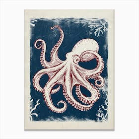 Octopus In Ocean Blue Linocut Background 5 Canvas Print