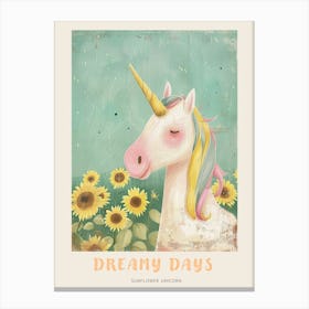 Relaxed Pastel Unicorn In A Sunflower Field Poster Canvas Print