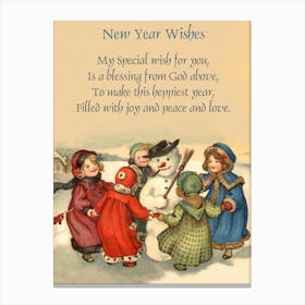 Kids With Snowman And New Year Wishes Canvas Print