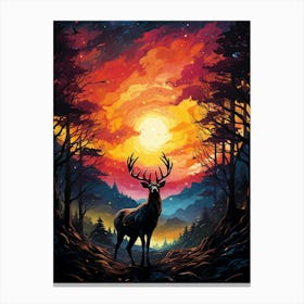 Deer In The Forest At Sunset Canvas Print
