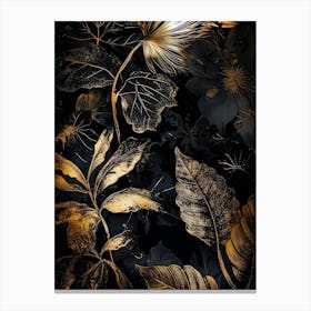 Gold Leaves On Black Background nature Canvas Print