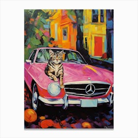Mercedes Benz Sl Pagoda Vintage Car With A Cat, Matisse Style Painting 2 Canvas Print