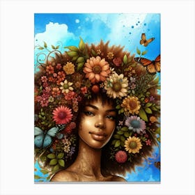 Black Woman Art, Afro Art, Melanin, Afro Girl With Butterflies, feminine art, cute art, butterfly art, flower art, kinky hair Canvas Print
