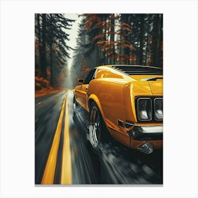 Yellow Mustang Driving In The Forest Canvas Print