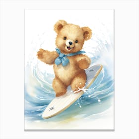 Surfing Teddy Bear Painting Watercolour 4 Canvas Print