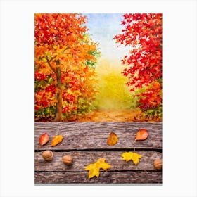 Autumnal Tableau In Vibrant Watercolor Leaves In Shades Of Crimson Orange And Gold Aflutter Amids (4) Canvas Print