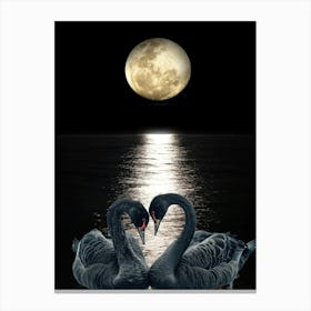 Black Swans Night Moon Art print Canvas Print