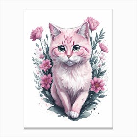 Pink Floral Cat Painting (6) Canvas Print