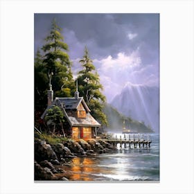 A painting of a house by a body of water, by Rolf Iseli, deviant art, romanticism, bad weather approaching, finland, qi sheng luo, near a jetty, alexey egorov, highly detailed painting of old, on an island, stunningly beautiful, hiroya oku painterly, cool looking, painitng, Canvas Print