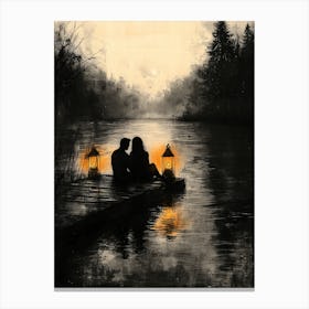 Couple On A Dock, Monochrome, Charcoal Style Stampe su tela