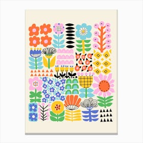 Happy Colorful Floral Grid Folk Art Flowers Illustration Canvas Print