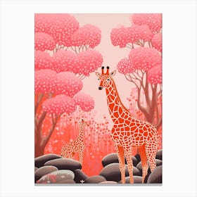 Two Giraffes Under The Blooming Trees Canvas Print