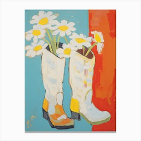 A Painting Of Cowboy Boots With Daisies Flowers, Pop Art Style 12 Canvas Print