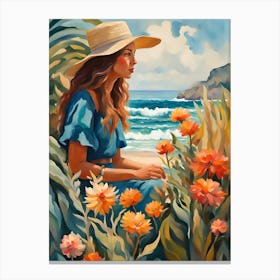 Bohemian Woman by the Ocean Orange Flowers Canvas Print