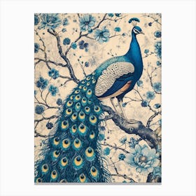 Cream & Blue Peacock On A Tree Branch Canvas Print