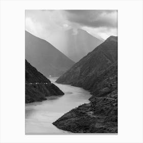 River In The Mountains, Black And White Canvas Print