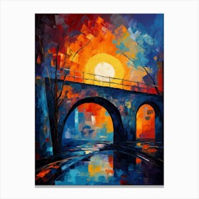 Sunset Stone Bridge, Abstract Vibrant Colorful Painting in Van Gogh Style Canvas Print