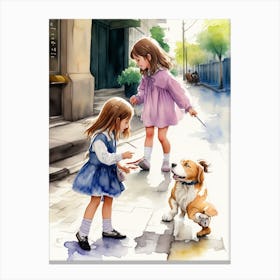 Little Girls With Dog Canvas Print