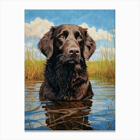 Brown Flat-coated Retriever Watercolor in a Lake Flatty Canvas Print